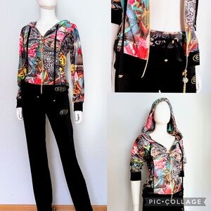 WOMEN VELOUR TRACKSUIT HOODED‎ JACKET/BLACK PANTS FLORAL PRINT ZIPPED LOUNGEWEAR